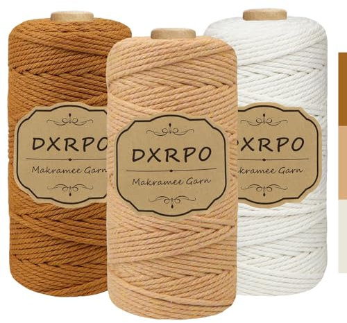 DXRPO Macrame Corda 3 mm x 300 m x 3, Macramè Filo Cotone per Fai Da Te, Piante Sospese, Natale, Decorazione Boho(Naturale, Marrone, Marrone Scuro)
