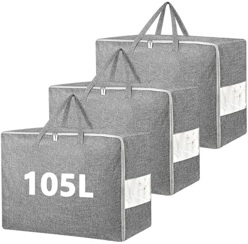 MZJAUVF 3PCS Grand Sac de Rangement 105L, Pliable Housse de Rangement, Boite Rangement Vetement avec Poignées Renforcées, 70 * 50 * 30cm Sac Rangement Vetement pour Vêtements, Couvertures, Couettes