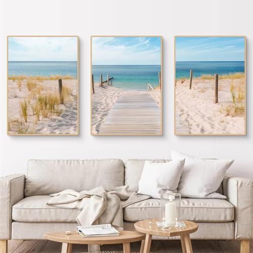 Viusneun 3er Poster Set, Meer Landschaften Wandposter Aesthetic Sandstrand Triptychon Premium Leinwandbilder Kunstdruck Poster für Wohnzimmer Schlafzimmer Ohne Rahme (50 x 70 cm)