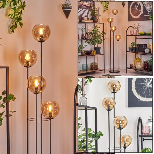 HOFSTEIN Stehleuchte Koyoto, Stehlampe aus Metall/Glas in Schwarz/Bernsteinfarben, moderne Leuchte im Retro/Vintage-Design, Ø 15 cm, Fußschalter, 147 cm, E14, Wohnzimmer, Schlafzimmer, Flur, Büro