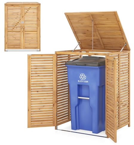 LIFEZEAL Abri à Poubelles en Bois, Cache Poubelle 120 L, Abris Poubelles de Jardin avec Couvercle Ouvrant, Doubles Portes & Verrou Verrouillable, 86 x 70 x 114 cm