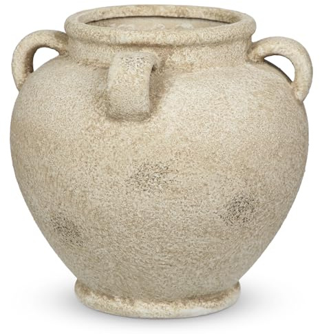 Oairse Rustic Ceramic Vase with Handles – Antique-Style Beige Farmhouse Pottery Decorative Urn for Table Centerpiece, Mantel, Shelf, or Entryway Home Décor