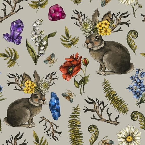 VaryFloral Beige Floral Wallpaper 30.5cmx300cm Rabbit Peel and Stick Wallpaper Forest Palm Leaf Contact Paper Waterproof Sticky Back Plastic Vintage Self Adhesive Vinyl Roll Wall Stickers for Bedrooms