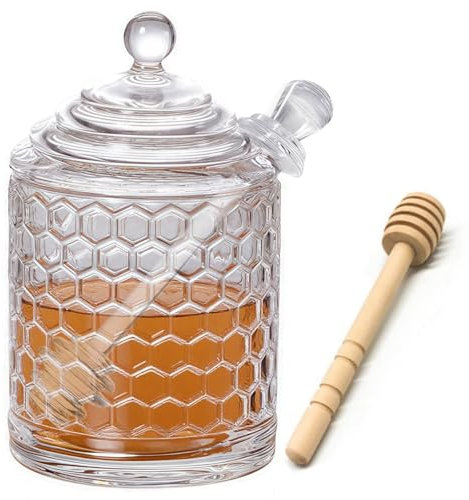 Glass Honey Pot, with Dipper and Lid, Glass Honey Jar with Dispenser, Honey Jar for Storing and Dispensing Honey For Home Kitchen - 280 ml
