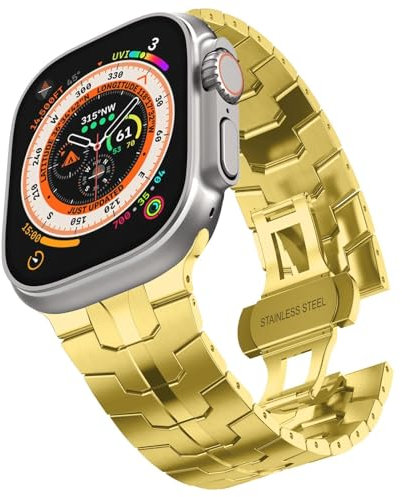 NEYENS Correa de acero inoxidable para Apple Watch Ultra 2 Band 49 mm 45 mm 44 mm 42 mm, correa de metal con cierre plegable para Apple Watch Series 9 8 7 6 5 4 3 2 1 Ultra/Ultra 2 Men(Gold)