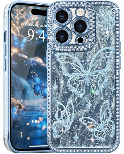 L-FADNUT for iPhone 14 Pro Max Glitter Case Diamond Butterfly TPU, Blue | Lovely Butterfly Pattern Bling Rhinestone Phone Case, Camera Protection Sparkly Slim Soft Silicone Back Cover for Women Girls