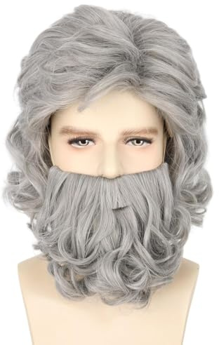 LeMarnia Old Man Wig and Beard Set Short Wavy Gray Wizard Wigs for Men Classic Gray Santa Beard and Grandpa Wig for Carnival Christmas Party