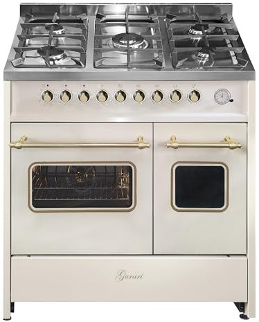 Gurari Stufa a gas 90 cm con forno elettrico doppio GCH E 916 Cr R Creme Range Coocker • Gas naturale e propano • Piano cottura a gas a 5 fiamme • 90 cm fornello autoportante in design retrò