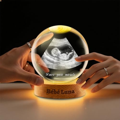 Boule de Cristal Personnalisée avec Photo - Boule à Neige Gravée en 3D - Décoration Maison pour Maman, Papa, Futurs Parents et Amoureux des Animaux (Échographie - Boule de Cristal Photo)