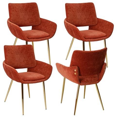 ELUCHANG Esszimmerstuhl 4er Set, bis 150 kg Belastbar, Schminktisch Stuhl, Küchenstuhl mit Rückenlehne & Armlehnen, Sessel, Akzentstuhl mit Gold Metallbeinen Accent Chair, Terrakotta