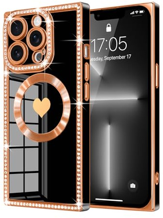 Urarssa for iPhone 13 pro max Case Rectangle, with Glitter Diamonds, Black | Bling Cute Love Heart Pattern Plating Soft TPU Bumper, Slim Shockproof Anti-scratch Phone Cover for Women Girls