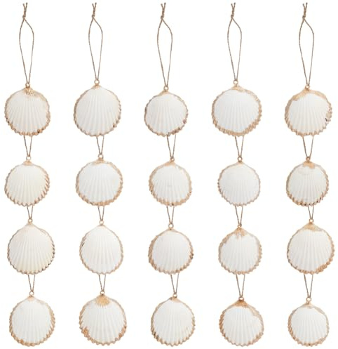 BEAMARKER 20 Pcs Coquille Naturelle 1.3 -1.6 Petite Coquille Saint-Jacques Perforée avec Corde et Finition Placée pour Arbre de Noël Décoration Mariage Plage Fête Bricolage Artisanat Suspendu Décora