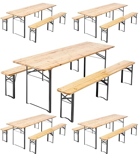 Mobeventpro Gartenmöbel Tisch und Bänke aus Holz, Biertisch, 220 cm – 5er-Set Untergestell schwarz – Holzplatte schwarz – Anzahl der Plätze: 8 – 10 Sitzplätze