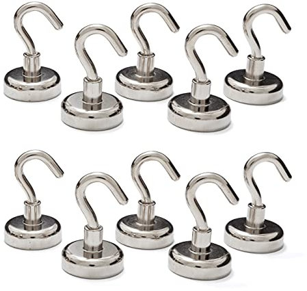 hf hajo - fix Magnet- | Klebe- | Schneideprodukte Neodym-Magnethaken 25mm, vernickelt, 10 Stück – Magnethaken extra stark haftend für schwere Gegenstände - Werbeschilder, Warnschilder