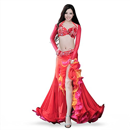 ROYAL SMEELA Bauchtanz Kostüm Damen Kleid BH Gürtel Rock Top 4-teiliges Set Bauchtanz Flamenco Rock Tanz Kleider Frauen Kleidung Bauchtanz BH Gürtel Maxirock Ärmel Oberteil Anzug Bauchtanz Kleidung