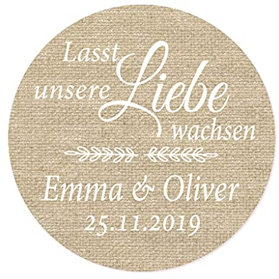 48 Stk personalisiert 'Lasst unsere Liebe wachsen' Aufkleber,Vintage Style Burlap Effekt Hochzeitssticker, 4 cm Runde Liebe Saat/Blumensamen Etiketten für Hochzeit,Taufe,Gastgeschenk,Tüten - Rd 270