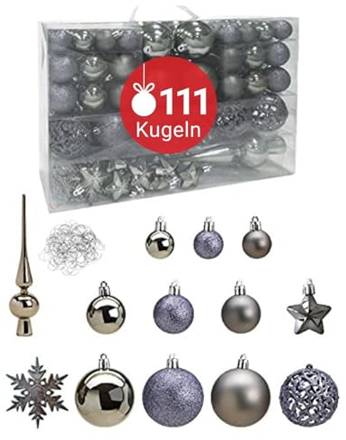WOMA Christbaumkugeln Set Grau & 19 weiteren Farben - 111er Weihnachtskugeln Set inkl. Metallhaken - Weihnachtskugeln Kunststoff - Weihnachtsbaum Deko & Christbaumschmuck