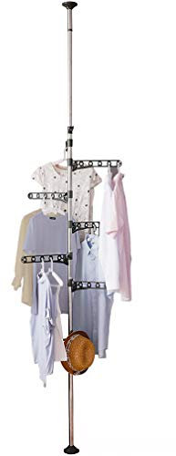 Hershii Teleskopstange Garderobenständer Garderobe Metall Kleiderstange mit 6 Arm 1 Haken,Organizer von Boden bis Decke Verstellbarer Wäscheständer für Wohnzimmer Schlafzimmer Balkon 175-235&230-290cm