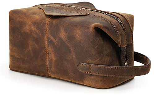 Contacts Homme Trousse de Toilette de Affaires Voyage en Cuir de Vache avec Grande Capacité Double Fermeture Éclair (4#Café)