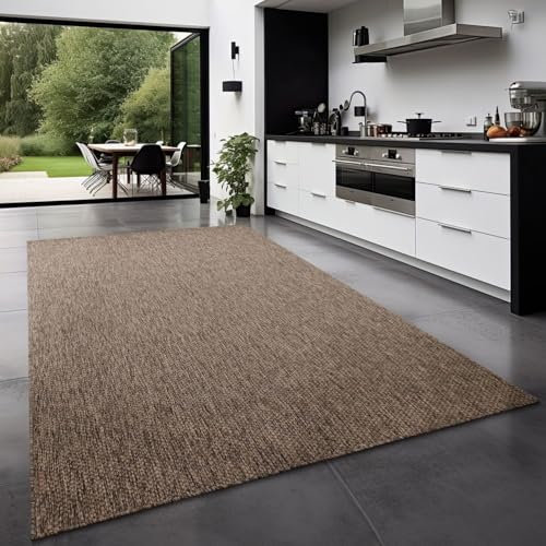 TT Home Teppich Für Outdoor Küchenteppich Balkon Terrasse Unifarbenes Design Modern, Farbe: Taupe, Größe:200 cm Rund