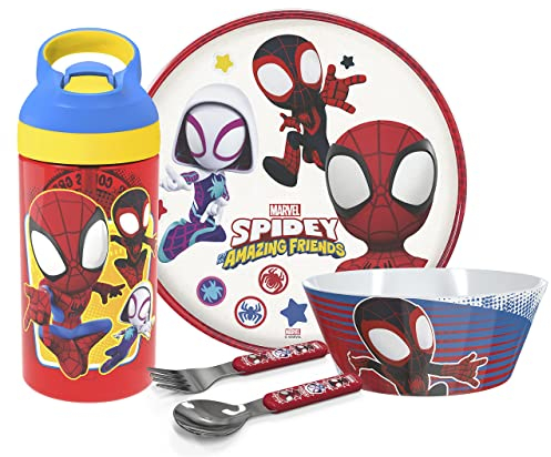 Zak Designs 5-teiliges Geschirr-Set, Marvel Spidey und seine erstaunlichen Freunde, robuster Kunststoff und Edelstahl, inklusive Wasserflasche, Teller, Schüssel, Gabel und Löffel, geeignet für Kinder