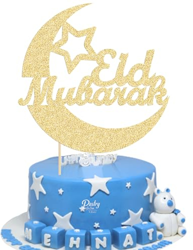 Gyufise 1Pcs Gold Glitter Eid Mubarak Cake Topper Moon Star Happy Eid Cake Decorations Islamic Muslim Party Decors Supplies Eid Festival Party Decorations