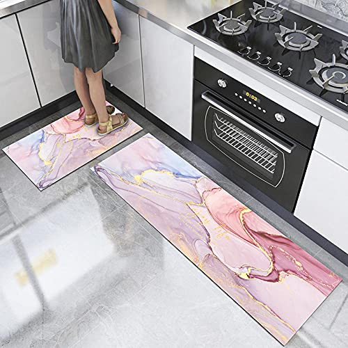 ZZDXL 2Stk Küchenteppich Rosa Marmor Küchenläufer Teppich Für Küche Waschbarer rutschfest Läufer Küchenmatte Küchenfußmatten Mikrofaser Fußmatte Badematten Set(50X80+50X160Cm)
