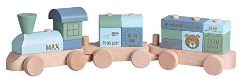 Kekskrone Holzzug Personalisiert mit Namen & Geburtsdaten - Adventure Serie, Blau - Spielzug als Geschenk zur Geburt & Taufe