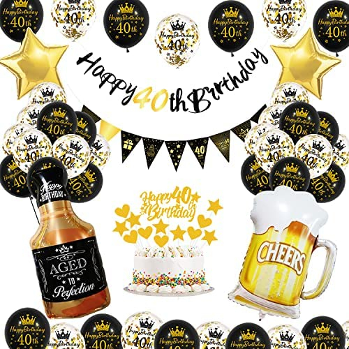 40 Geburtstag Frauen Männer Deko, Schwarzes Gold 40. Geburtstag Dekoration, 40 Jahr Geburtstagdeko, 40 Ballon Deko mit Happy Birthday Banner, 40 Geburtstag Mann, Deko 40 Geburtstag Frau MEHRWEG