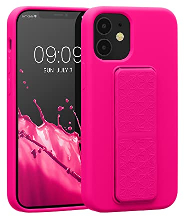 kwmobile Case Compatible with Apple iPhone 12 mini - Case with Hand Strap and Stand Soft TPU Silicone Coating - Neon Pink