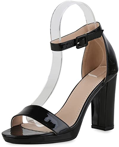 VAN HILL Damen Klassische Sandaletten Blockabsatz Schuhe Lack Absatzschuhe Elegante Sommersandaletten Abendschuhe 208369 Schwarz Lack 39
