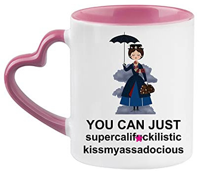 Giftme Mary Poppins Secret Santa Supercalifragilistic Rude Sweary Coffee Tea Mug 11oz Heart Handle Ceramic Mug. (Pink)