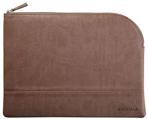 RHODIA 116724C - Faux Leather Zipped Pouch - Chocolate - Size L (21 x 28 cm) - Genuine Stitching - Orange Fabric Inside - Storage for Documents, Small Supplies
