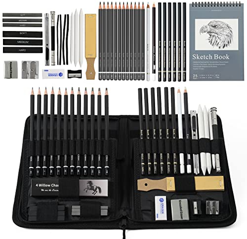 Brusarth 42-teiliges Zeichenset, Skizzierset, Pro Art Skizzenzubehör mit Skizzenbuch, inklusive Graphitstift, Kohlestift, Spitzer, Radiergummi, Kunstbedarf für Künstler, Erwachsene, Teenager, Anfänger
