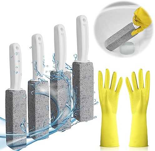 YIDM Bimsstein Toilettenreiniger mit Griff : 4 Stück Bimsstein Reinigungs Stein Mit Griff und Handschuhen, Wasserdicht WC Reinigungsstein für Haushaltsreinigung Deep Flecken Bad Toilette Küche Pool