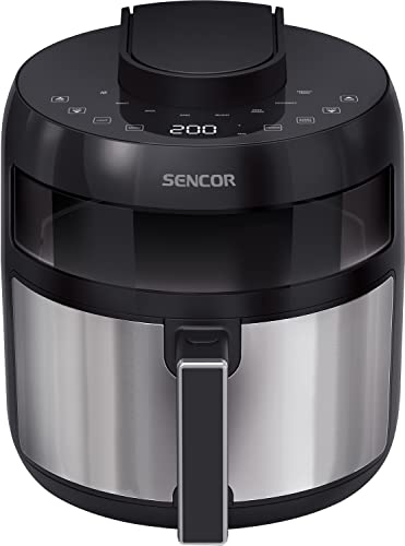 Sencor Friggitrice ad Aria Air Fryer, Capacità di 5L, 1500W, Sistema di Friggere senza Olio, Tecnologia di Circolazione d'Aria Veloce, Display a LED, Controllo Tattile, 8 Programmi Preimpostati, Nero