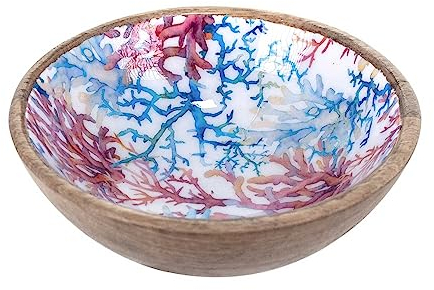 SIGNES GRIMALT Bol de service en bois de manguier et résine, Thème Corail Bleu et Rouge, Diamètre 20 cm