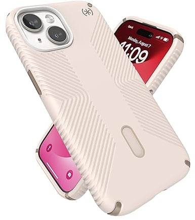 Speck iPhone 15 Hülle – ClickLock rutschfeste Interlock, MagSafe, Fallschutzgriff – für iPhone 15, iPhone 14, iPhone 13–6,1 Zoll Handyhülle – Presidio2 Grip Bleached Bone/Erbstück Gold/Haselnussbraun