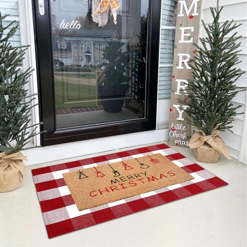 Weihnachts-Fußmatten-Kombi-Set – 100 % Kokosfaser Willkommensmatte + 71,1 x 109,9 cm roter und weißer karierter Teppich, Feiertag, Neujahr, Weihnachtskollektion, dekorative Fußmatte für Veranda,