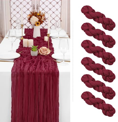 Showgeous 6 Stück Käsetuch Tischläufer Burgunderroter, 90 x 300 cm Tischläufer Boho Style Rustikaler Seihtuch Gaze Stoff Tischdekoration für Vintage Hochzeit Geburtstage Babyparty Urlaub Party