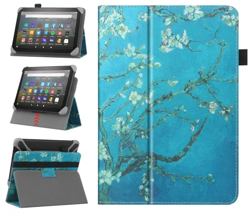 HoYiXi Custodia universale per 7-8 pollici Samsung Galaxy Lenovo Huawei Fire Tablet Cover protettiva regolabile in due posizioni con supporto e cinturino da polso - fiore