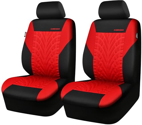 CAR PASS Autositzbezüge 2 vorne, 3D Reifendruck Auto Innenbezüge, Airbag Kompatibel, Schnelle Einrichtung, Universelle Passform Sitzbezüge für Auto, LKW, SUV (Vordersitze, Schwarz und Rot)