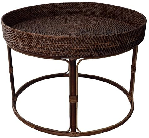 GURU SHOP Geflochtener Runder Kaffeetisch, Beistelltisch, Couchtisch aus Rattan - Braun, Size:D70cm H50cm