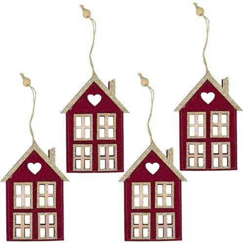 MIJOMA 4 Stück Set Weihnachtliche Filzanhänger, Wunderschön als Christbaumschmuck, für Adventsgesteck, Filz mit Holzelementen & Glitzer verziert, Schlaufe zum Anhängen (Haus 4 Fenster - rot)