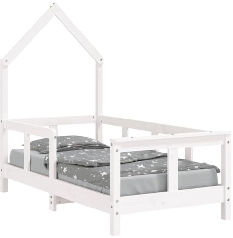vidaXL Kinderbett, Kinder Bettgestell in Hausform, Hausbett für Kleinkinder zwischen 18 Monaten und 4 Jahren, Einzelbett Kinder Holzbett, Weiß 70x140 cm Massivholz Kiefer