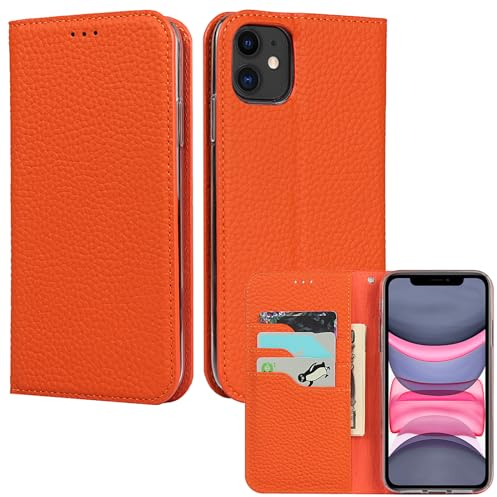 ELTEKER Case for iPhone 11 [Genuine Leather Case] [RFID Blocking] [Card Slot] [Kickstand] Flip Wallet Case for iPhone 11-Orange