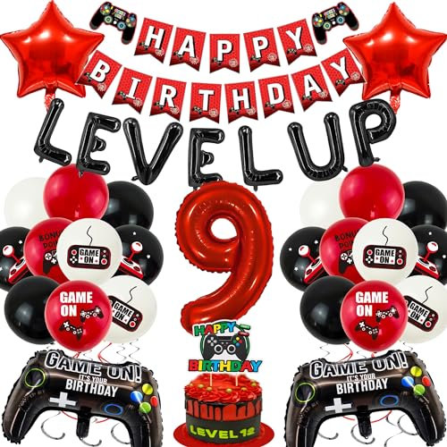 47pcs 9th Birthday Decorations for Boys - Gaming Party Decorations for Gamer Fans, Game Controller Balloons, Game On Balloon, Gaming Birthday Decorations