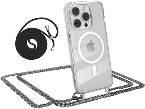 EAZY CASE - Handykette kompatibel mit iPhone 15 Pro Kette zum Umhängen Stoßfest Handyhülle für iPhone 15 Pro Silikon Hülle mit Band aus Metall Transparent als Fallschutz in Metall - Anthrazit