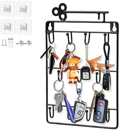 Echehi Schlüsselbrett mit 11 Schlüsselhaken, Schlüsselhalter mit 3 Montagemethoden zum Aufhängen von Schlüsselringen, Hundeleine, Regenschirm, Sonnenbrille (Schwarz)