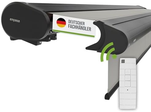 empasa Elektrische Vollkassettenmarkise 'Premium' Kassettenmarkise | Gelenkarmmarkise Markise Sonnenschutz mit manuell ausfahrbarem Volant, komplett vormontiert, Farbe:hellgrau, Größe:4 x 3 m